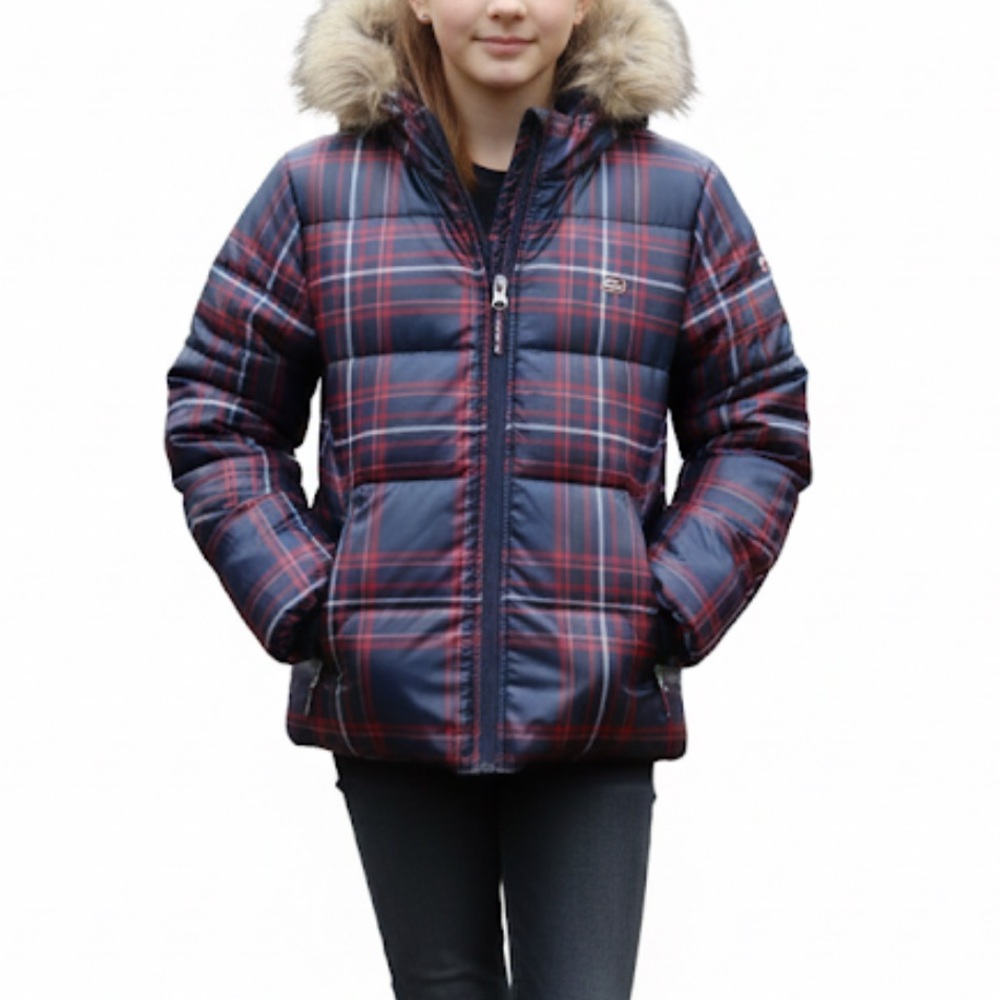 Tommy Hilfiger Girls XL 16 Plaid Puffer Jacket Faux Fur Hood EUC